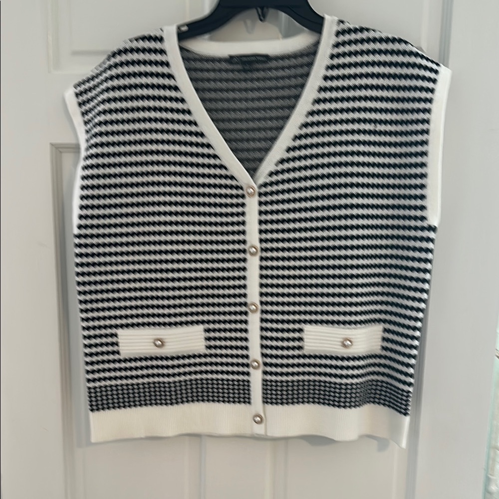 Adrianna Papell, Pointelle Stripe Wool Blend Vest, Ivory/Black, L